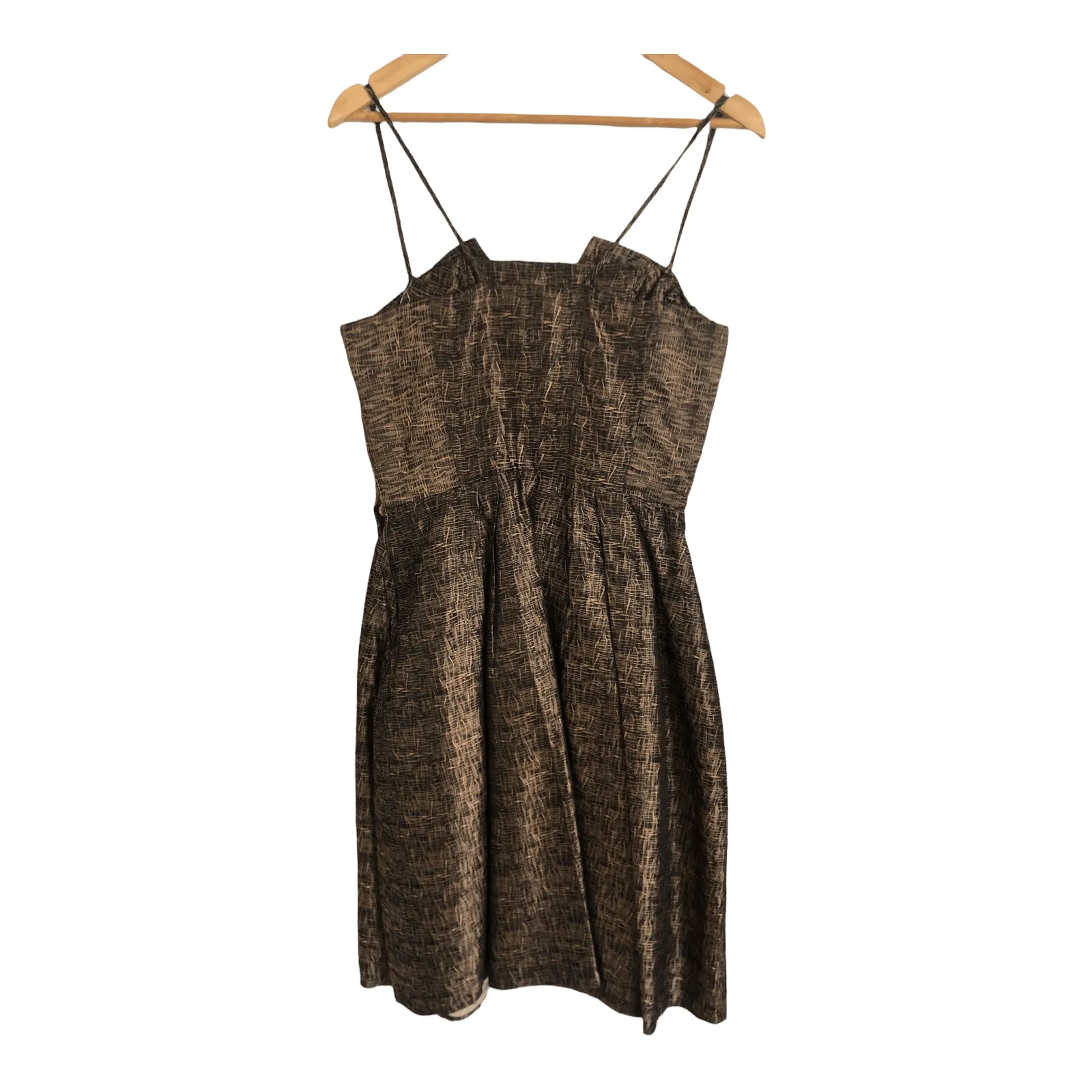 1950's Vintage Est. Polyester Sleeveless Evening Cocktail Dress Copper Brown Block Print UK Size 10