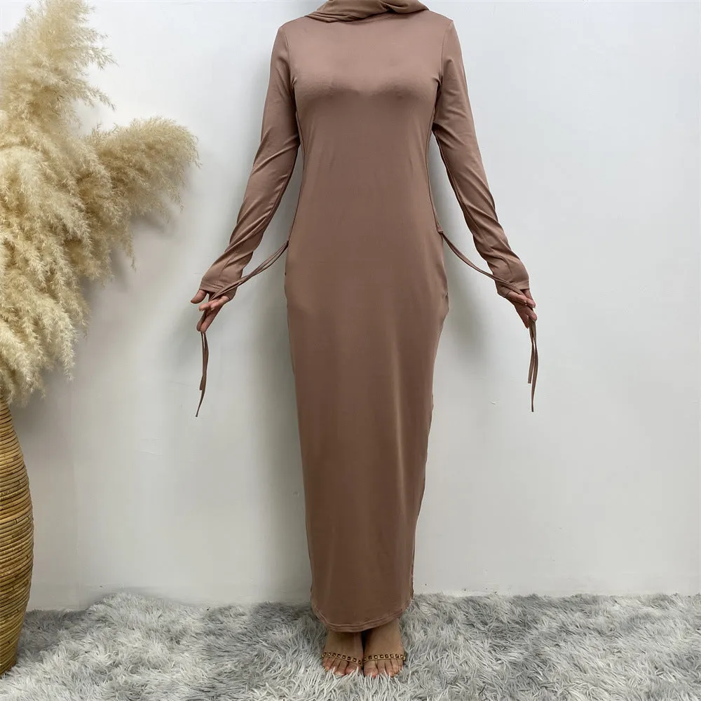 6736 Arabian solid color long-sleeved dress women's side drawstring bottoming shirt