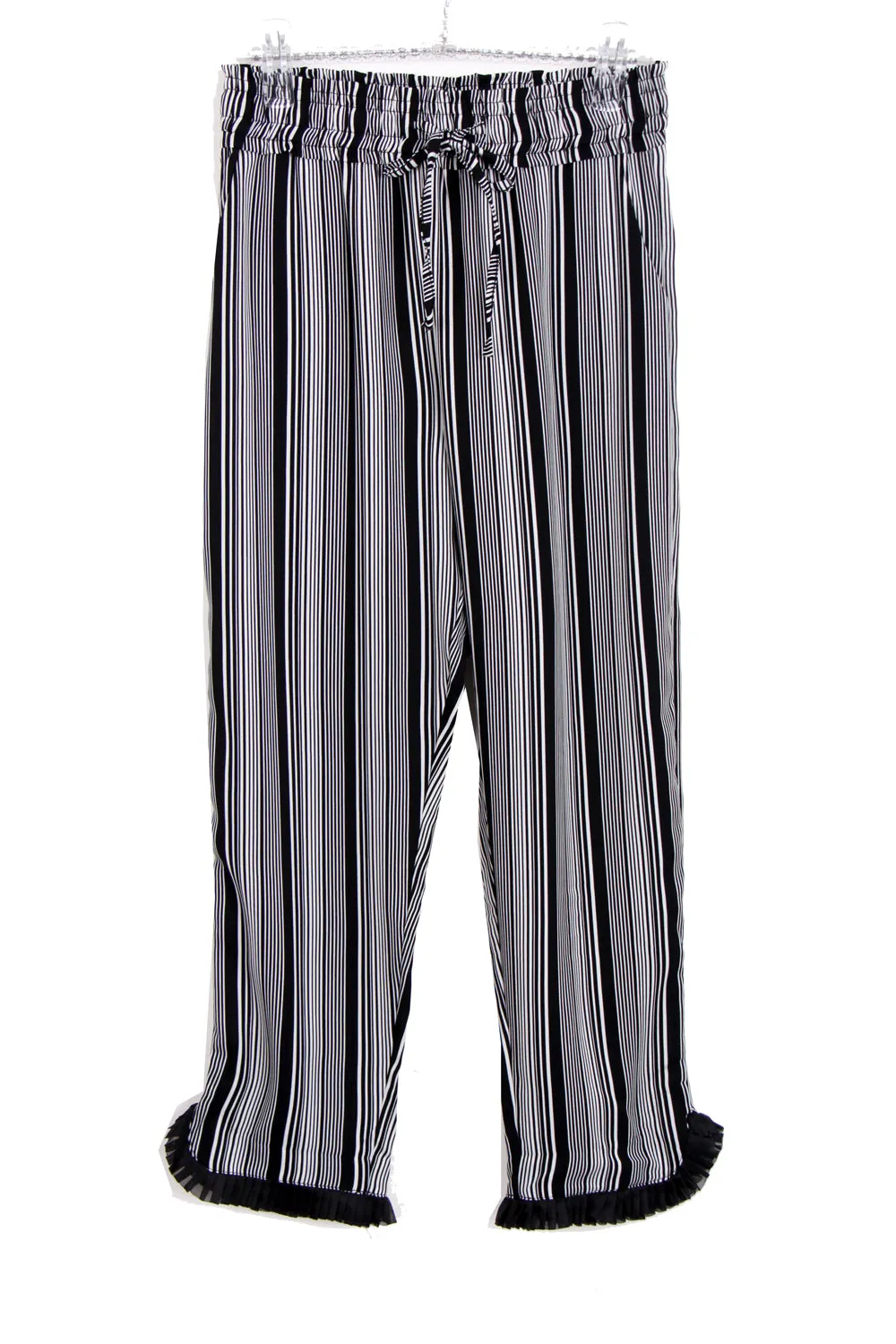 Black and White Striped Pleat Hem Trousers