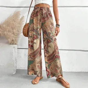 Bohemian Beach Spring Summer Vintage Drawstring High Waist Wide Baggy Boho Trousers Women's Pants