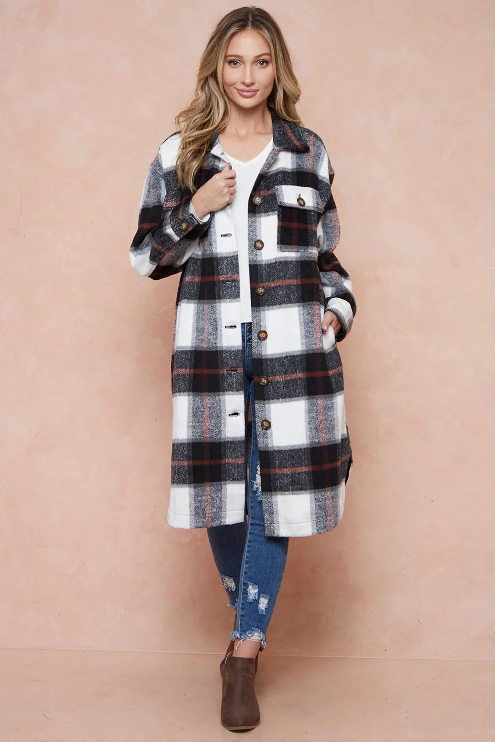 Brushed Flannel Plaid Button Down Long Shirt Coats Shacket Jacket