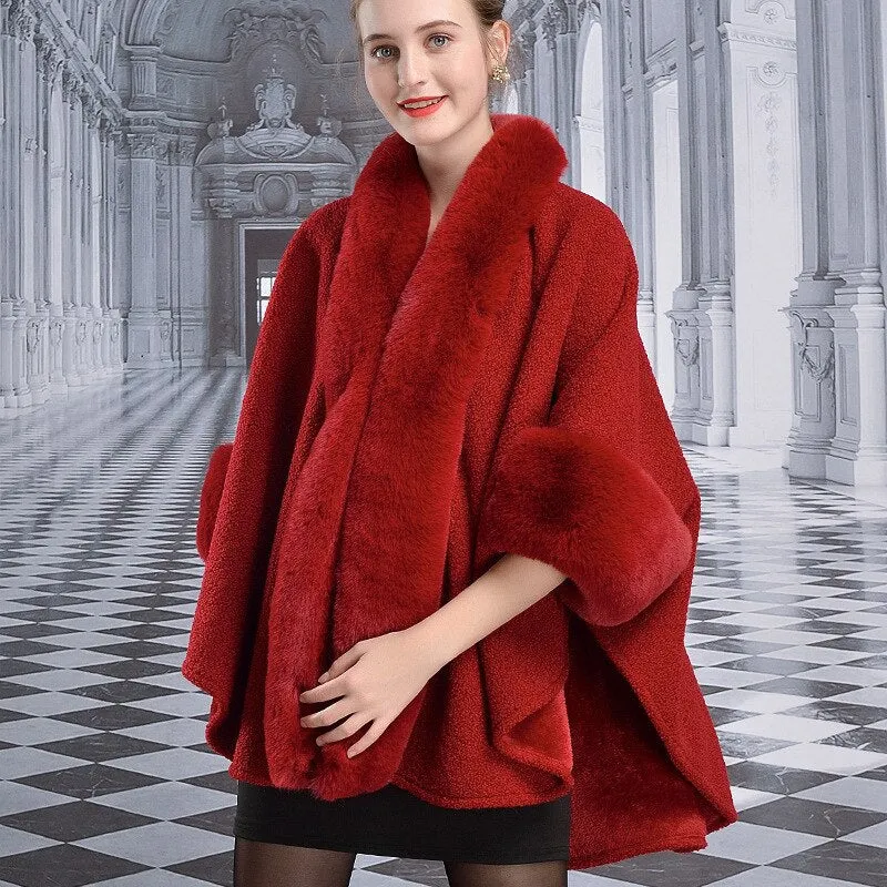 Cape Faux Rabbit Fur Poncho Coat