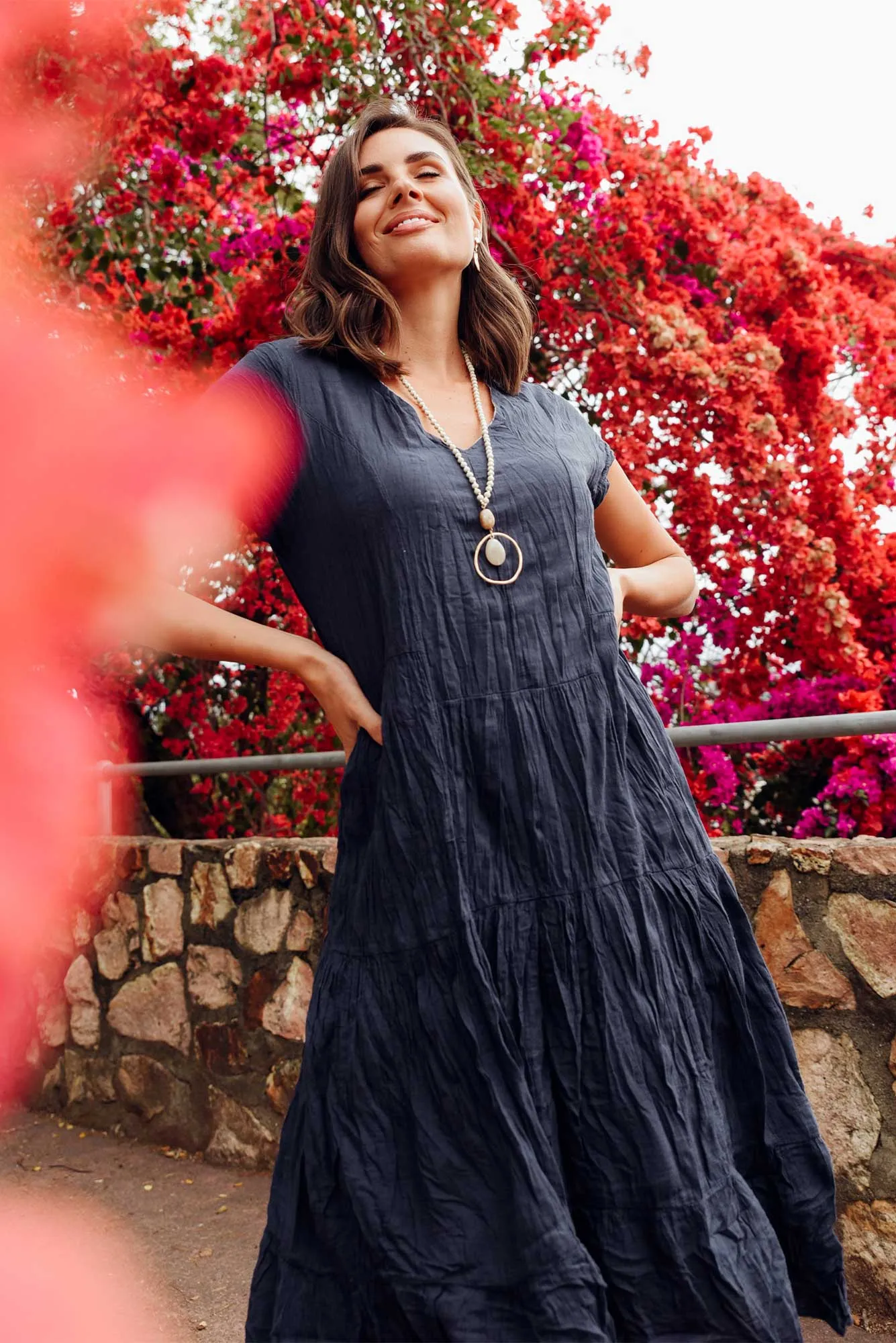 Carmen Navy Crinkle Cotton Dress