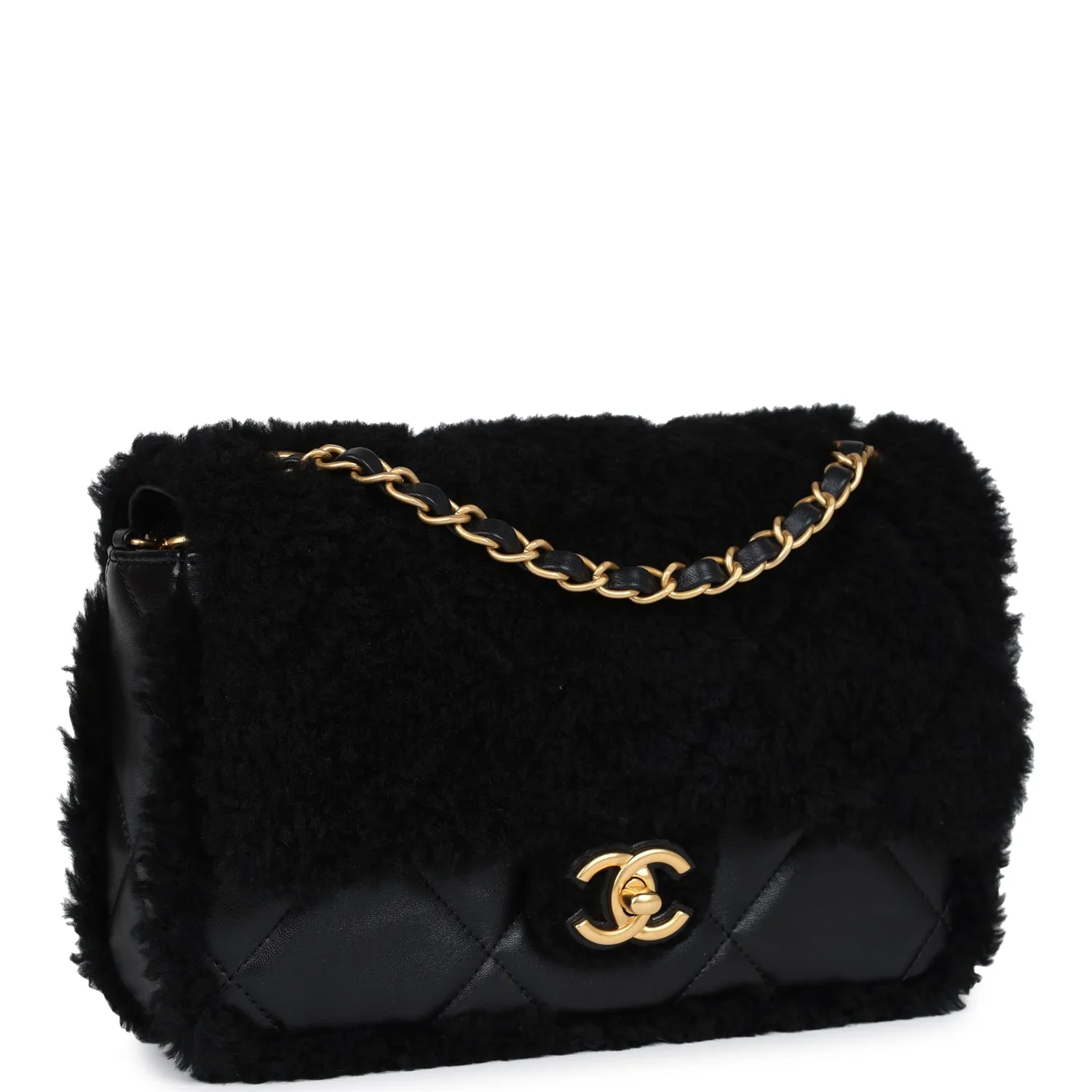 Chanel Medium Shearling Flap Bag Black Lambskin Brushed Gold Hardware