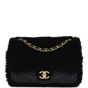 Chanel Medium Shearling Flap Bag Black Lambskin Brushed Gold Hardware