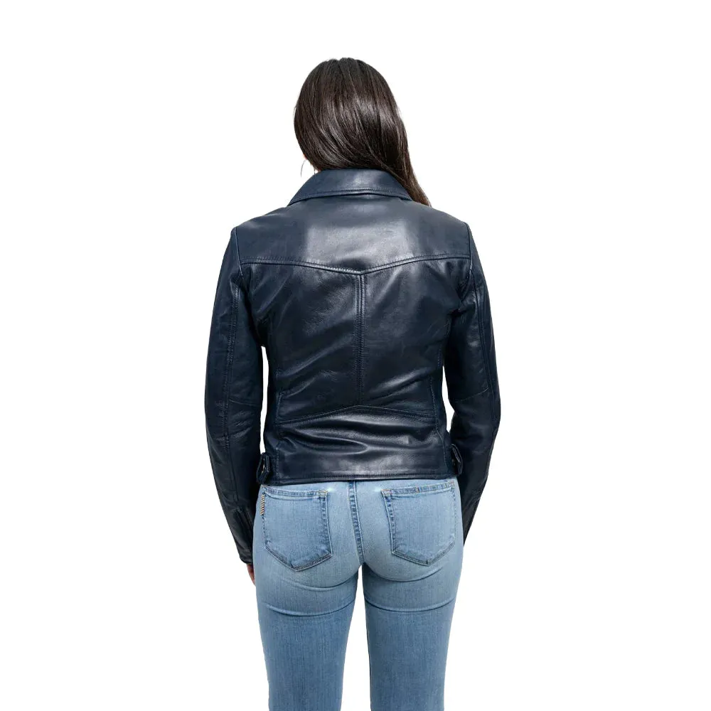 Chloe womens Fashion Leather Jacket Navy Blue