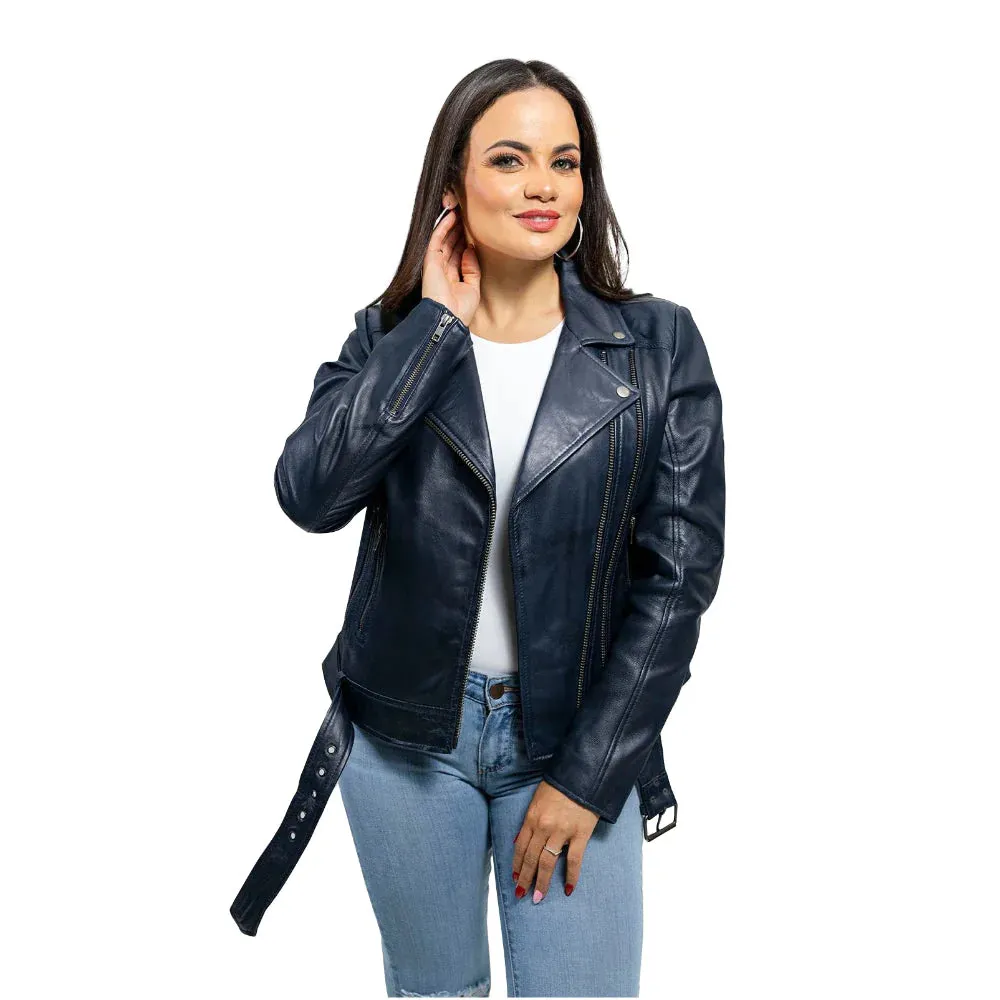 Chloe womens Fashion Leather Jacket Navy Blue