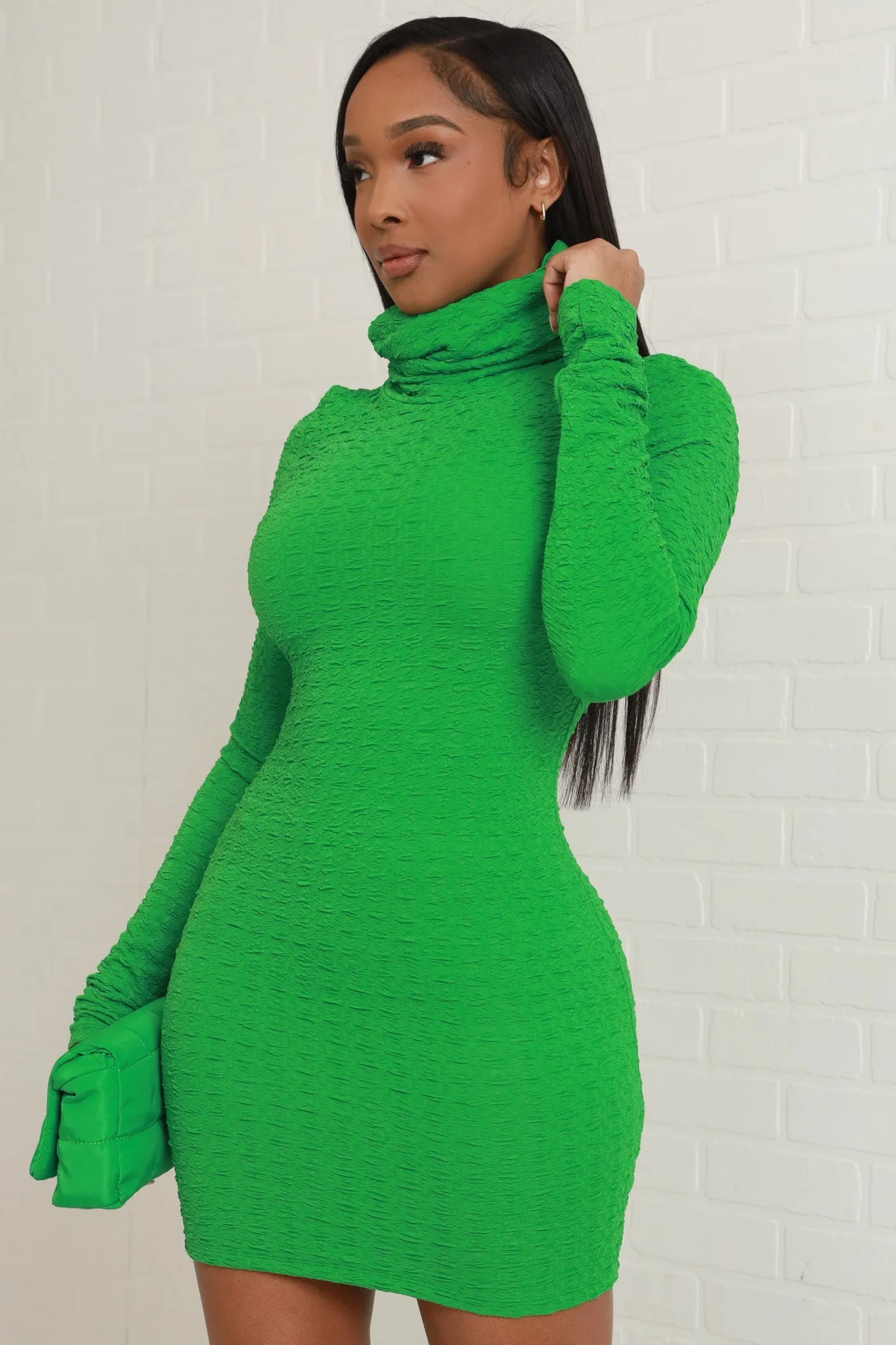 Class Act Textured Turtleneck Mini Dress - Kelly Green