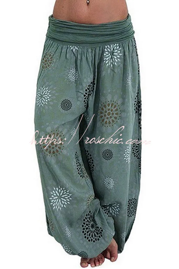 Digital Print Elastic Waist Pleated Long Pants