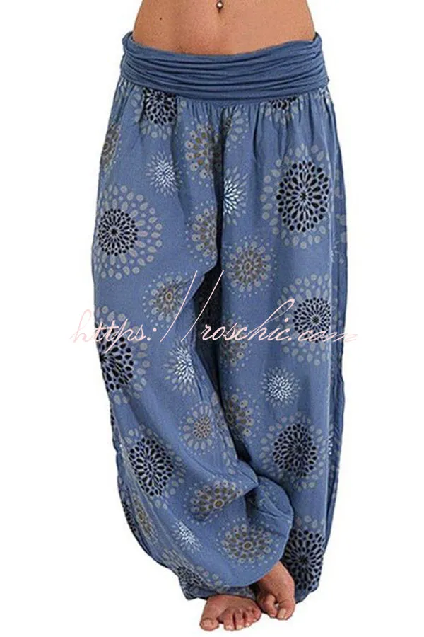 Digital Print Elastic Waist Pleated Long Pants