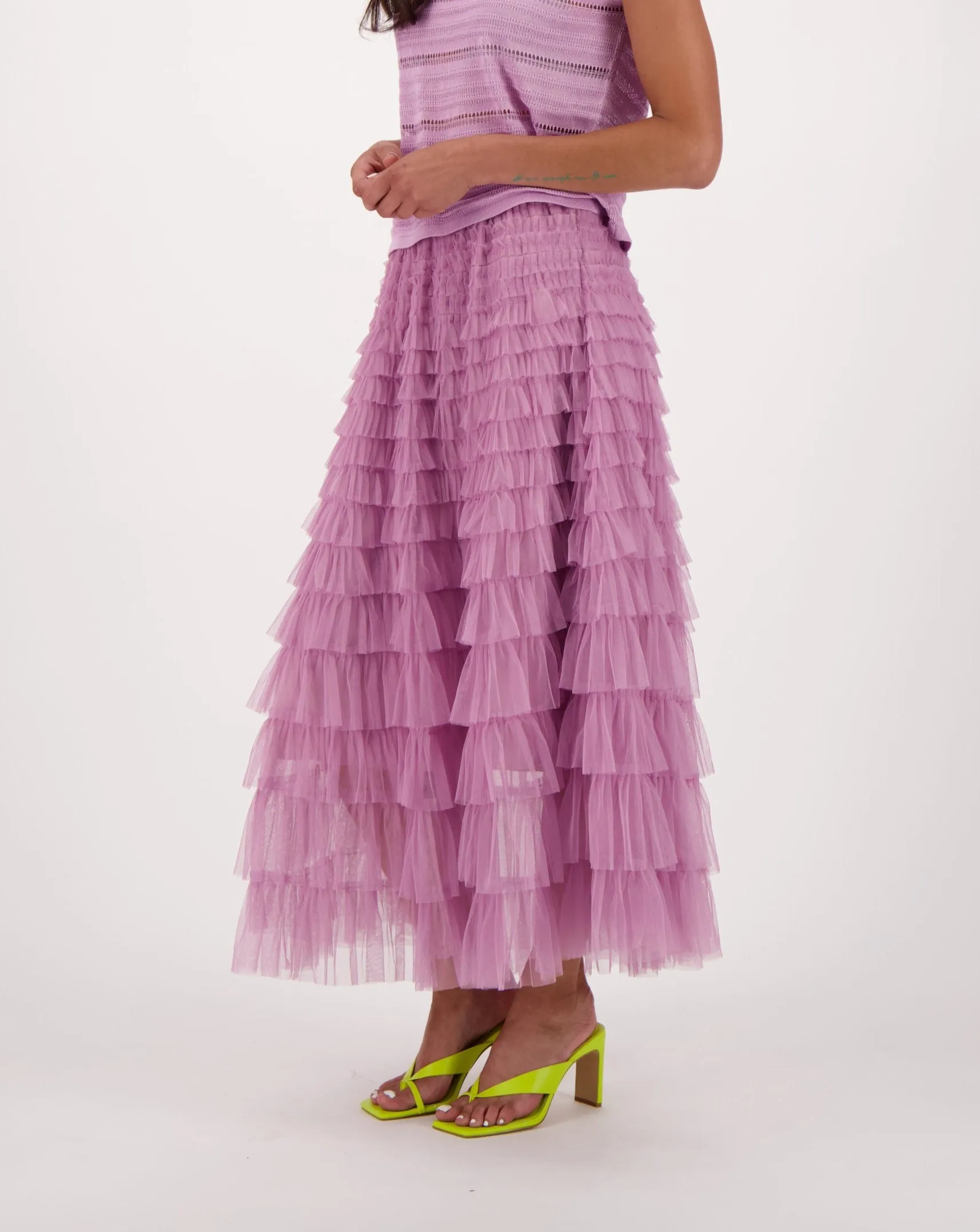 Elastic Waist Tulle Layered Ruffles Mesh Long Tiered Skirt