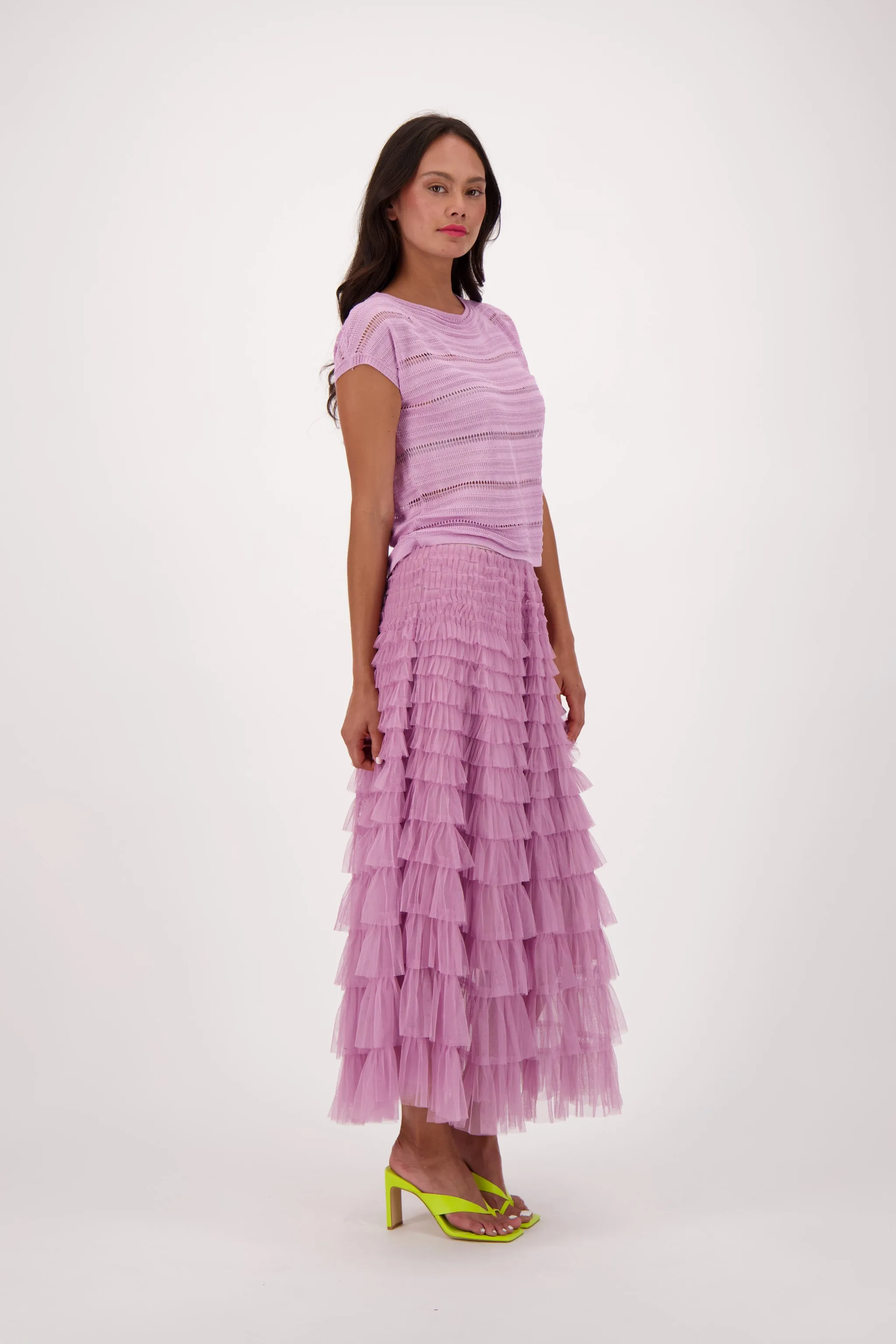 Elastic Waist Tulle Layered Ruffles Mesh Long Tiered Skirt