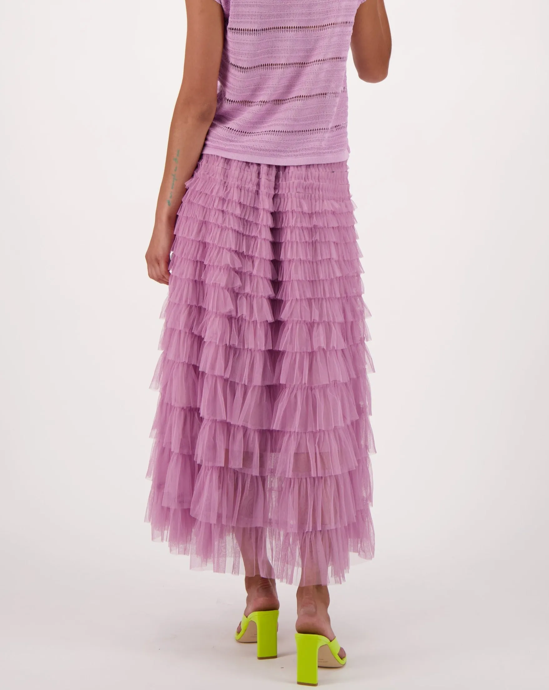 Elastic Waist Tulle Layered Ruffles Mesh Long Tiered Skirt