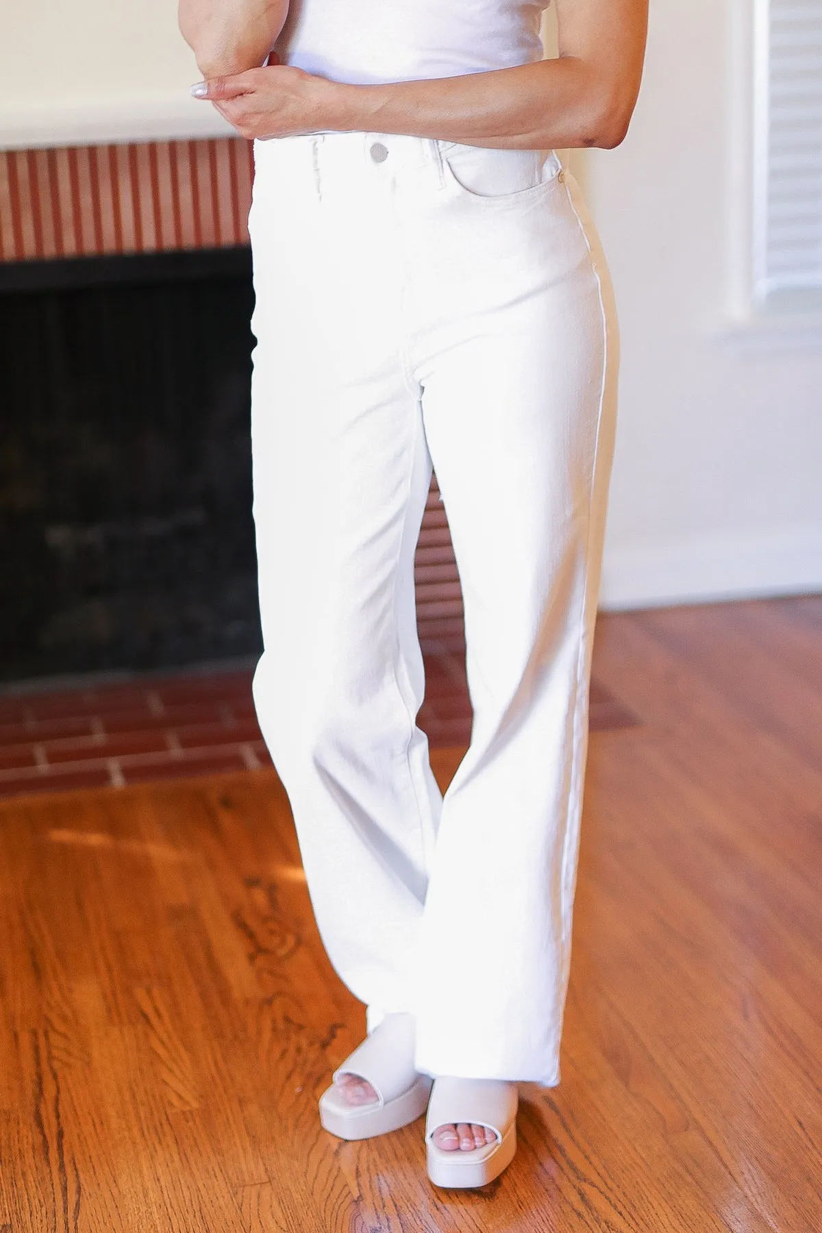 Explore More Collection - Above & Beyond White Braided Waist Wide Leg Jeans