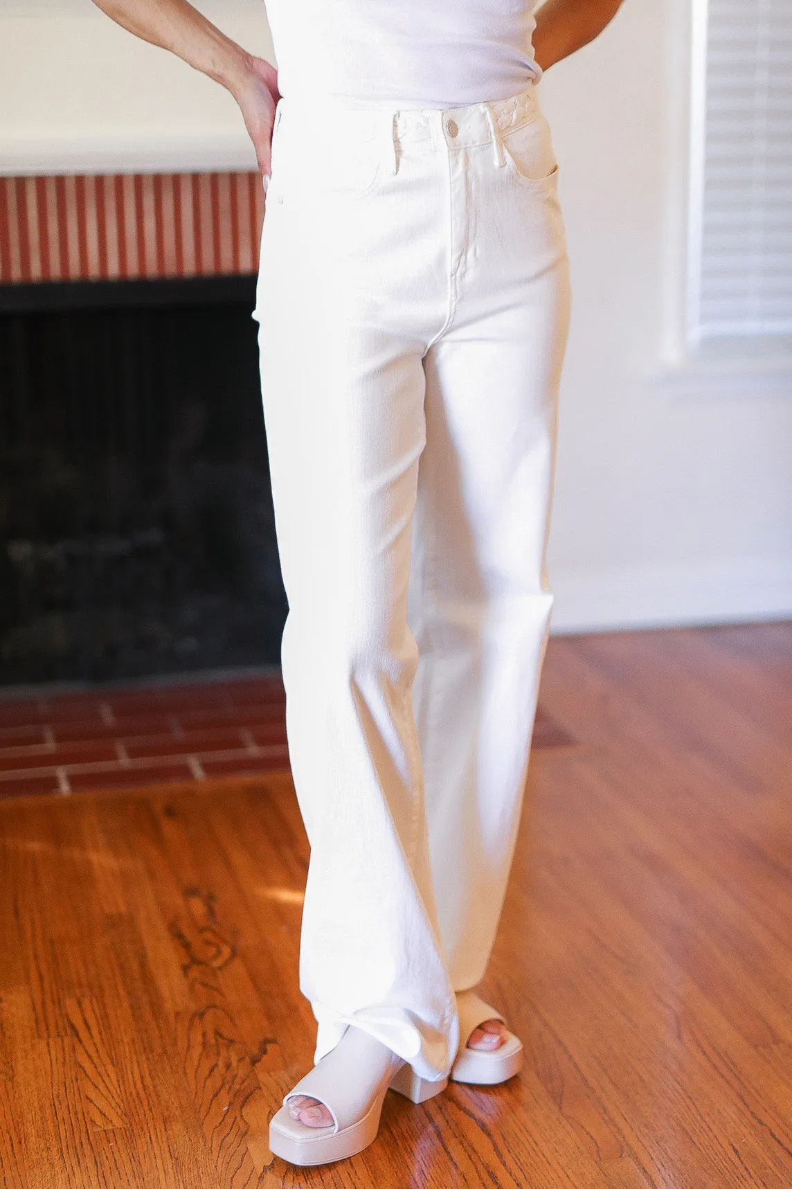 Explore More Collection - Above & Beyond White Braided Waist Wide Leg Jeans