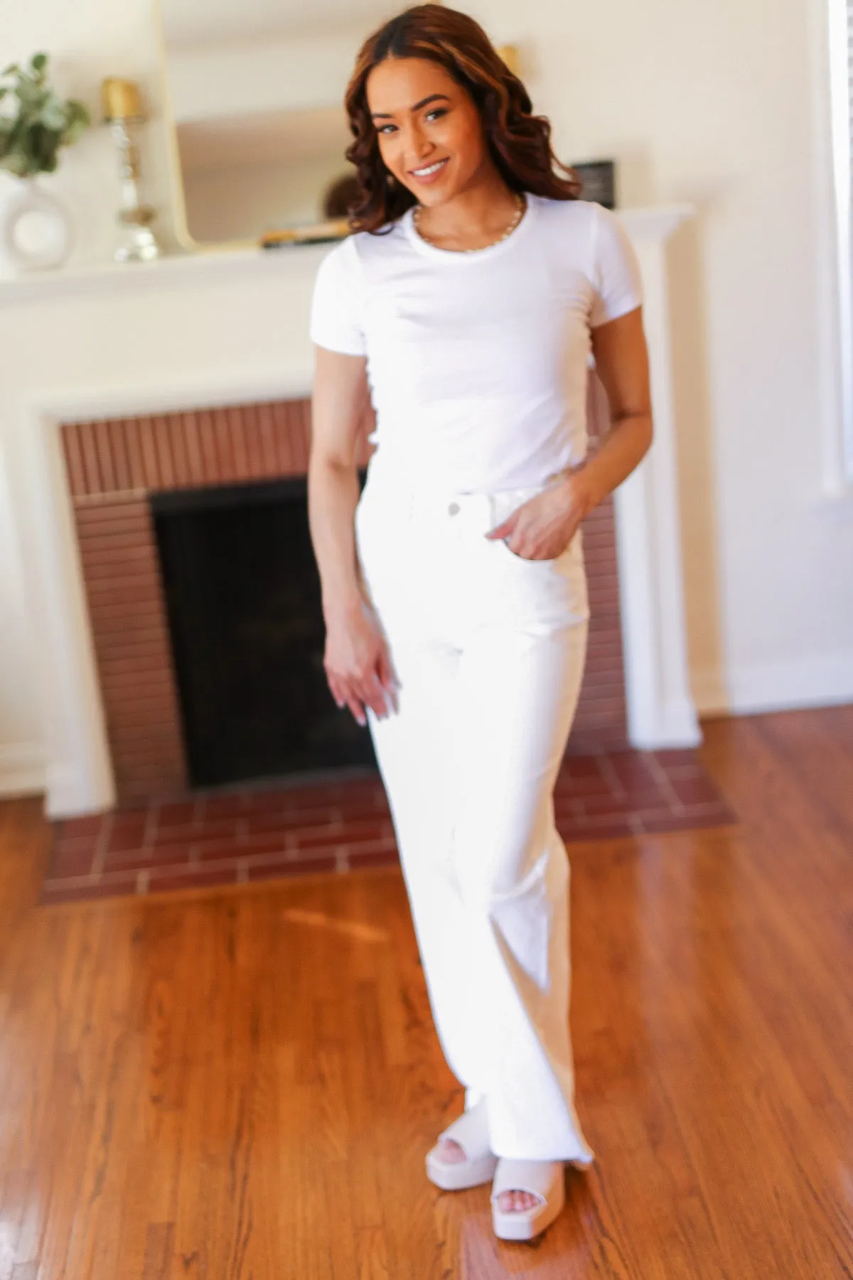 Explore More Collection - Above & Beyond White Braided Waist Wide Leg Jeans