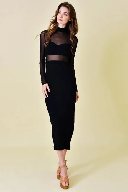 Fore Mesh Cut Out Mock Neck Black Midi Dress