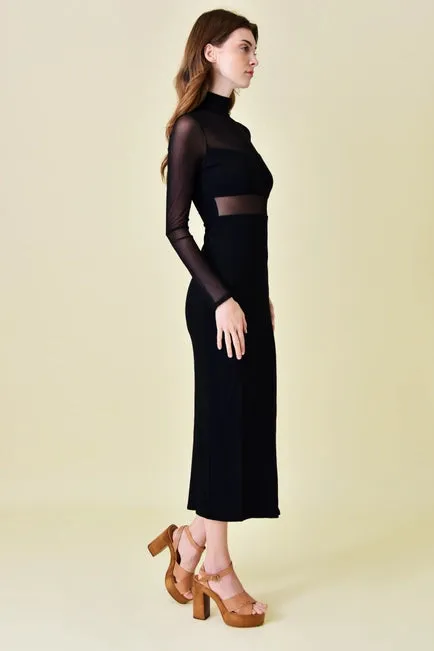 Fore Mesh Cut Out Mock Neck Black Midi Dress