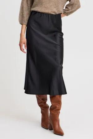 Fransa Black Satin Bias cut midi skirt 20614112