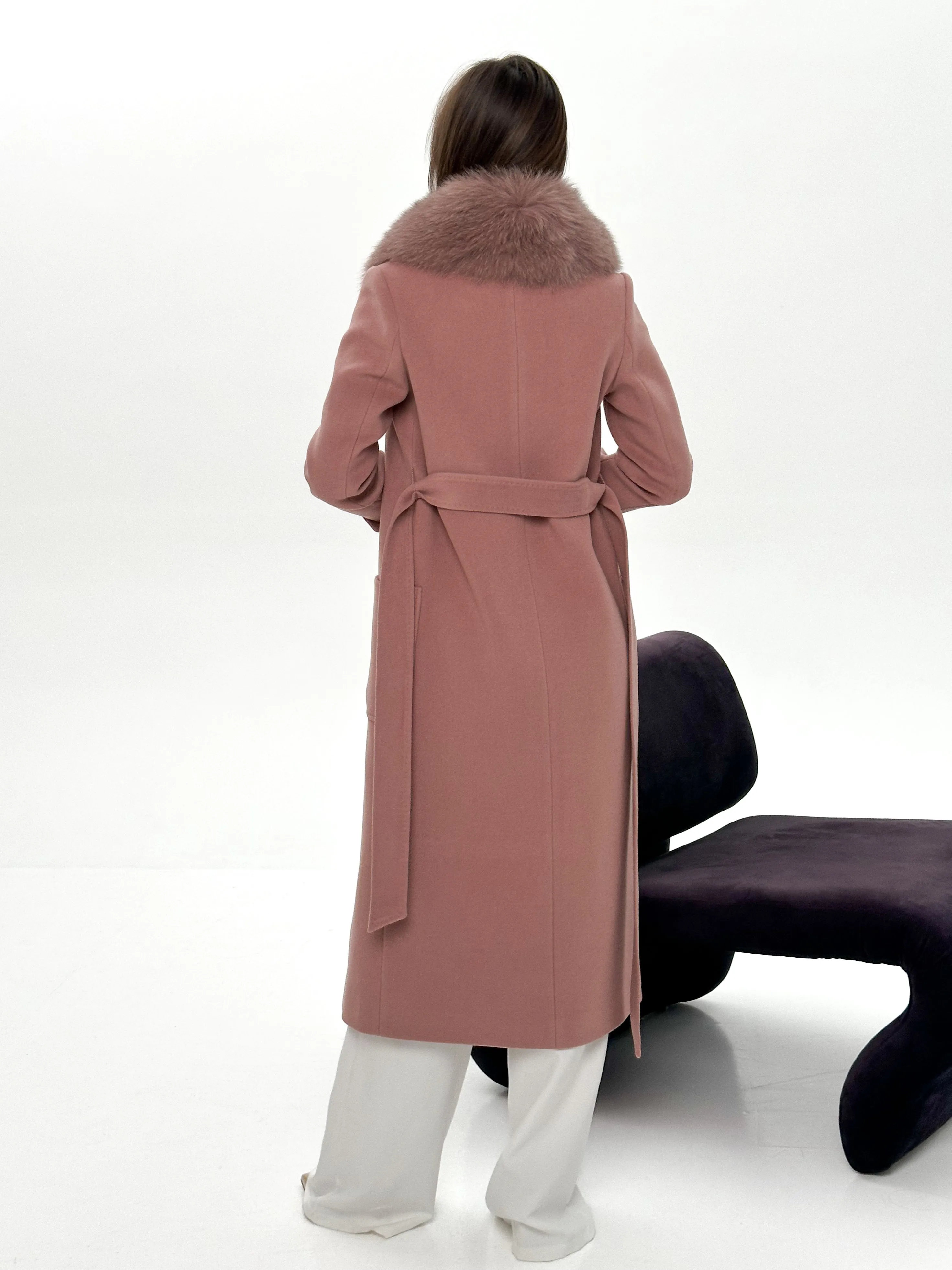 Genuine Polar Fox Tailored Cashmere Wool Coat