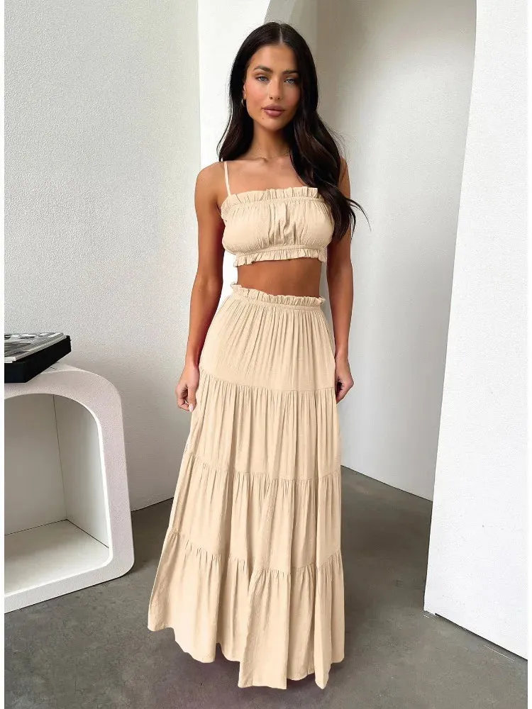 Girlary Fashion Smocked Collage Long Skirt Women's Summer Casual Solid Color High Waist Pleated Streetwear Elegant Y2k Long Skirt