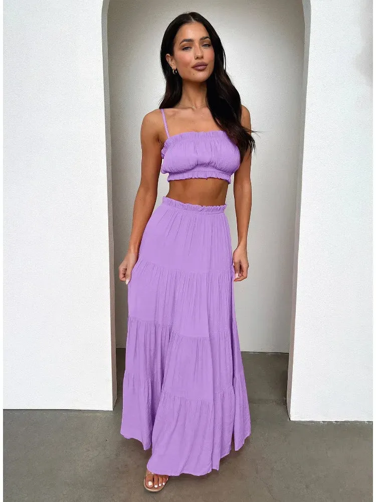 Girlary Fashion Smocked Collage Long Skirt Women's Summer Casual Solid Color High Waist Pleated Streetwear Elegant Y2k Long Skirt