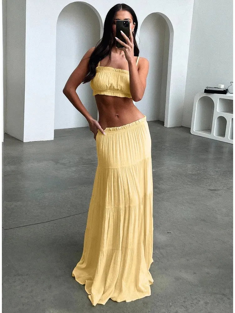 Girlary Fashion Smocked Collage Long Skirt Women's Summer Casual Solid Color High Waist Pleated Streetwear Elegant Y2k Long Skirt