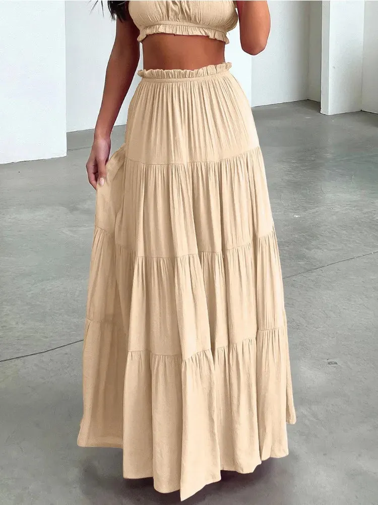 Girlary Fashion Smocked Collage Long Skirt Women's Summer Casual Solid Color High Waist Pleated Streetwear Elegant Y2k Long Skirt