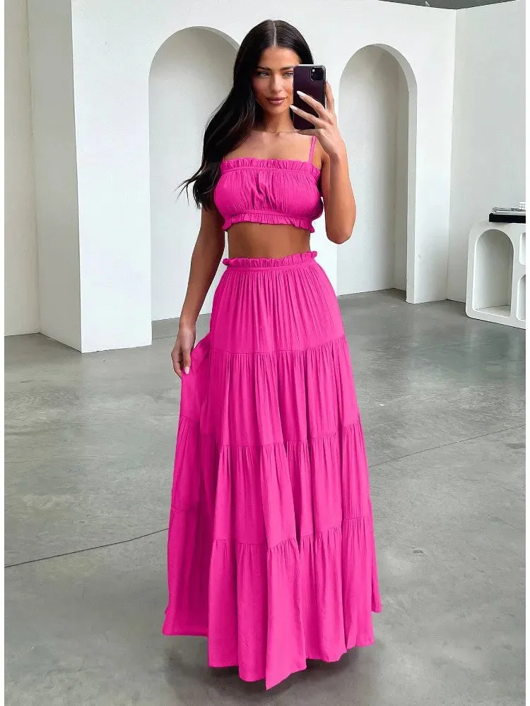 Girlary Fashion Smocked Collage Long Skirt Women's Summer Casual Solid Color High Waist Pleated Streetwear Elegant Y2k Long Skirt