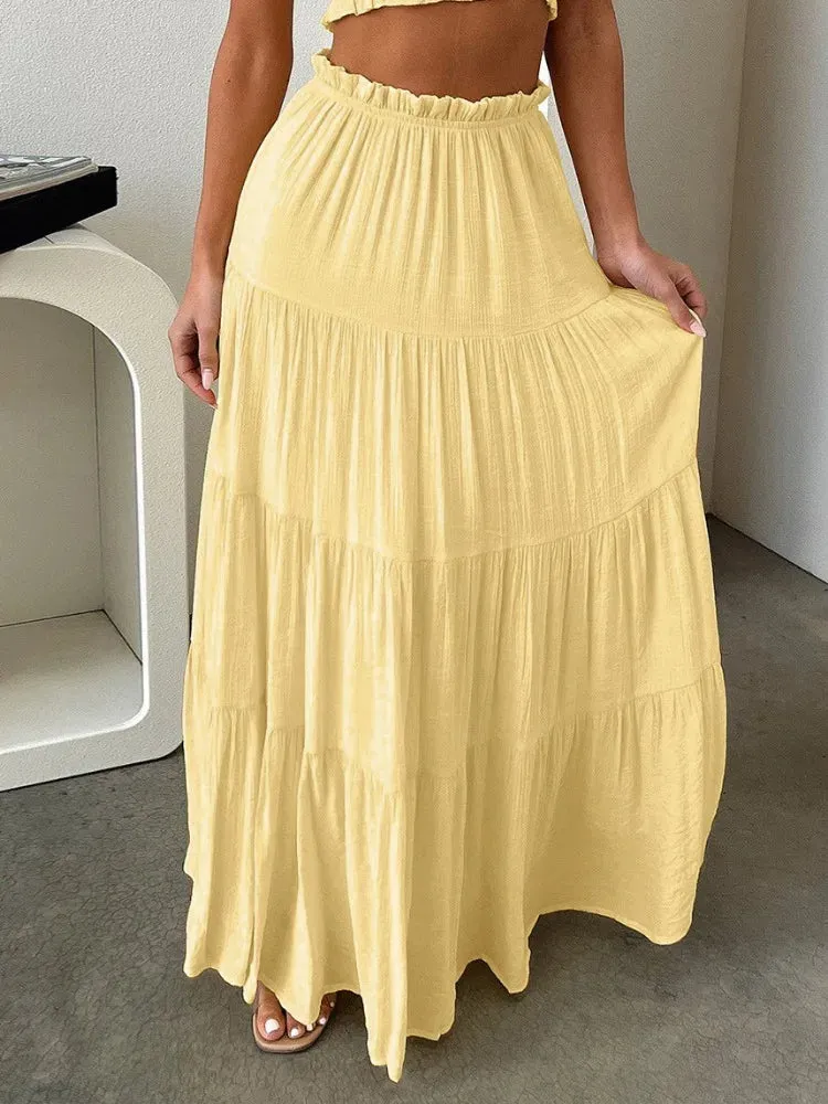 Girlary Fashion Smocked Collage Long Skirt Women's Summer Casual Solid Color High Waist Pleated Streetwear Elegant Y2k Long Skirt