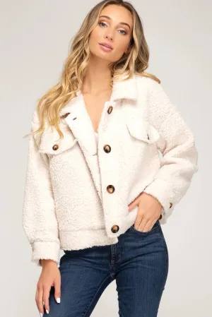 Long sleeve button down teddy bear jacket with front pockets