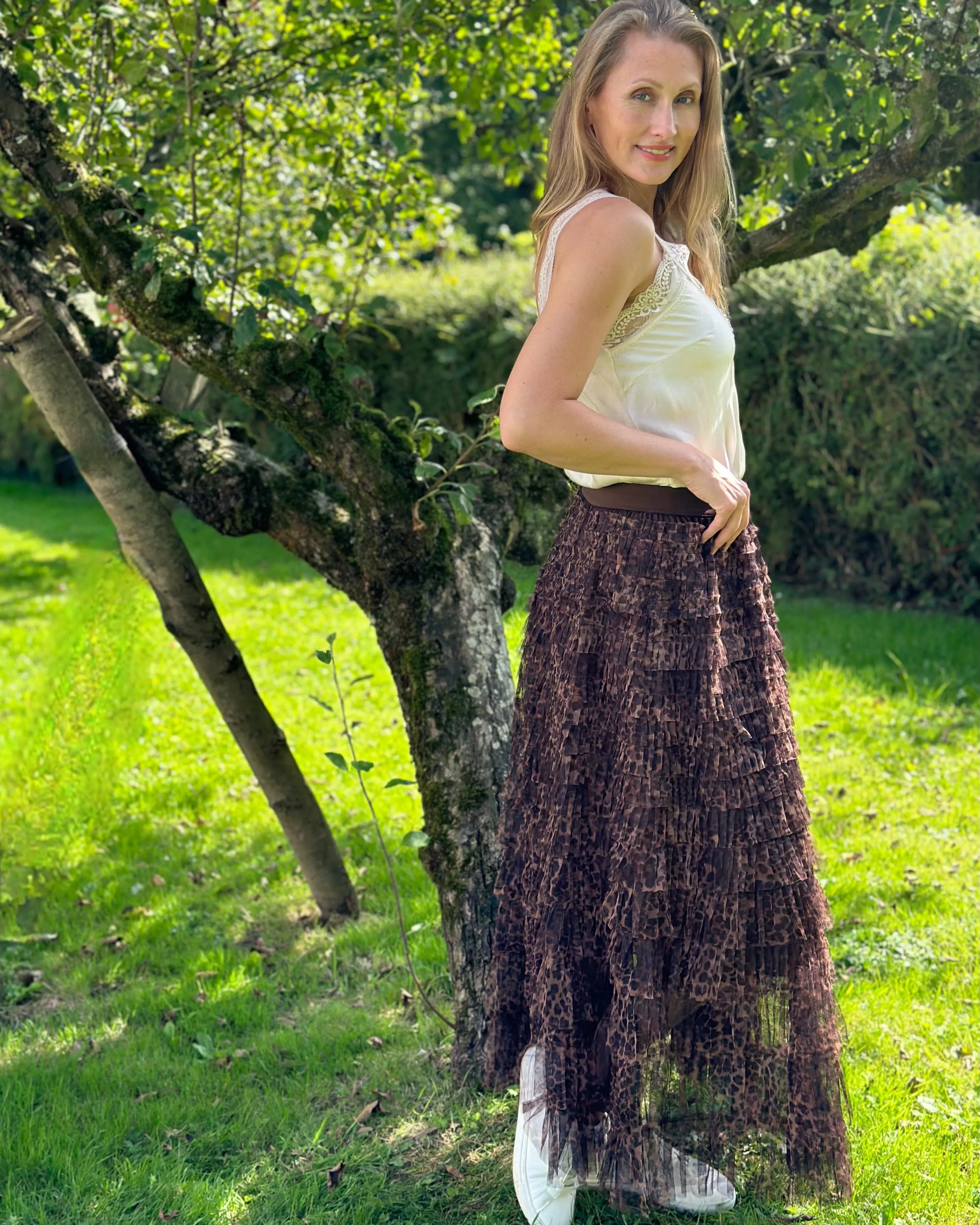 Long Tiered Tulle Skirt - Leopard Print/Brown