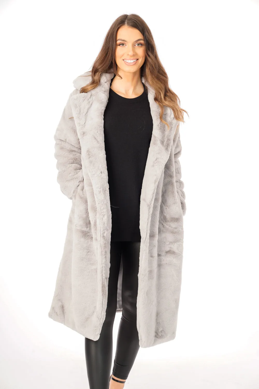 Longline Faux Fur Coat with Belt