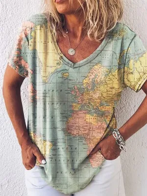 Map printing V-neck short-sleeved bottoming shirt T-shirt women's top