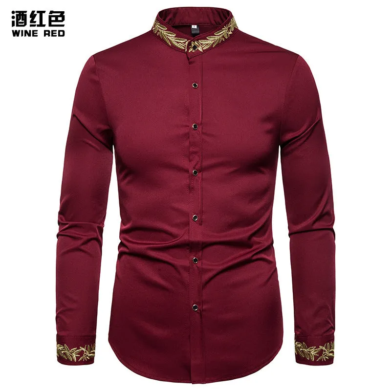 Men Turtleneck Embroidery Floral Fabric Long Sleeves Shirt