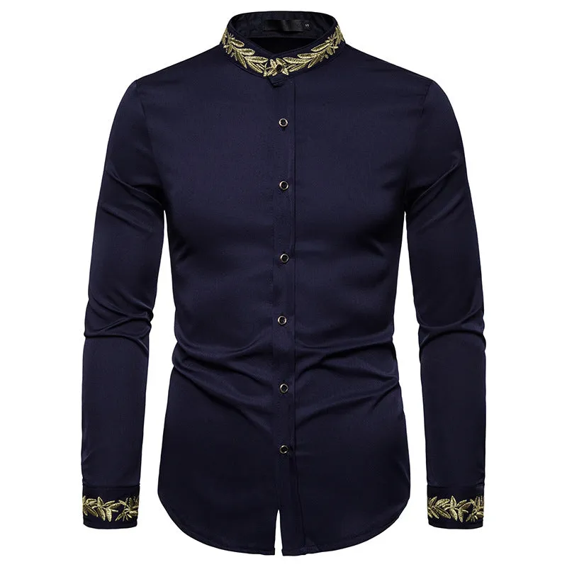 Men Turtleneck Embroidery Floral Fabric Long Sleeves Shirt