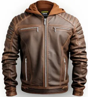 Men Voguish Brown Detachable Hooded Leather Jacket