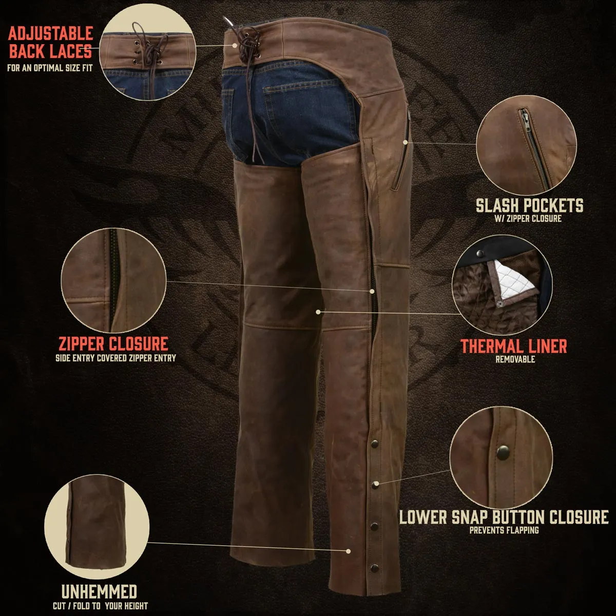 Milwaukee Leather Chaps for Men's Vintage Crazy Horse Brown Leather-