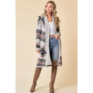 Oatmeal Multi Color Knit Rainbow Diamond Boho Western Aztec Cardigan Sweater