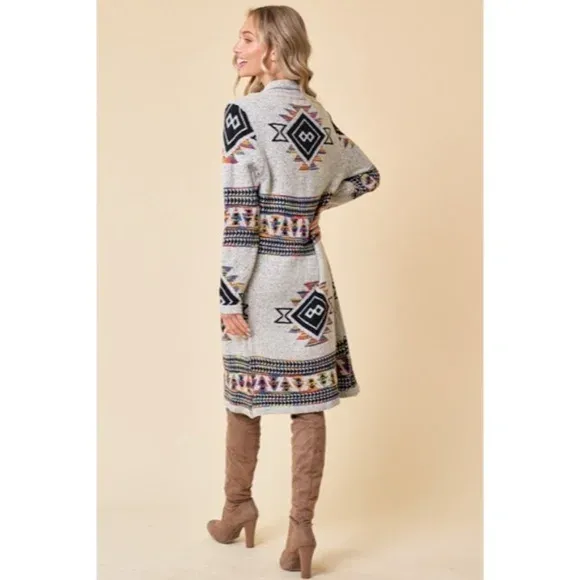 Oatmeal Multi Color Knit Rainbow Diamond Boho Western Aztec Cardigan Sweater