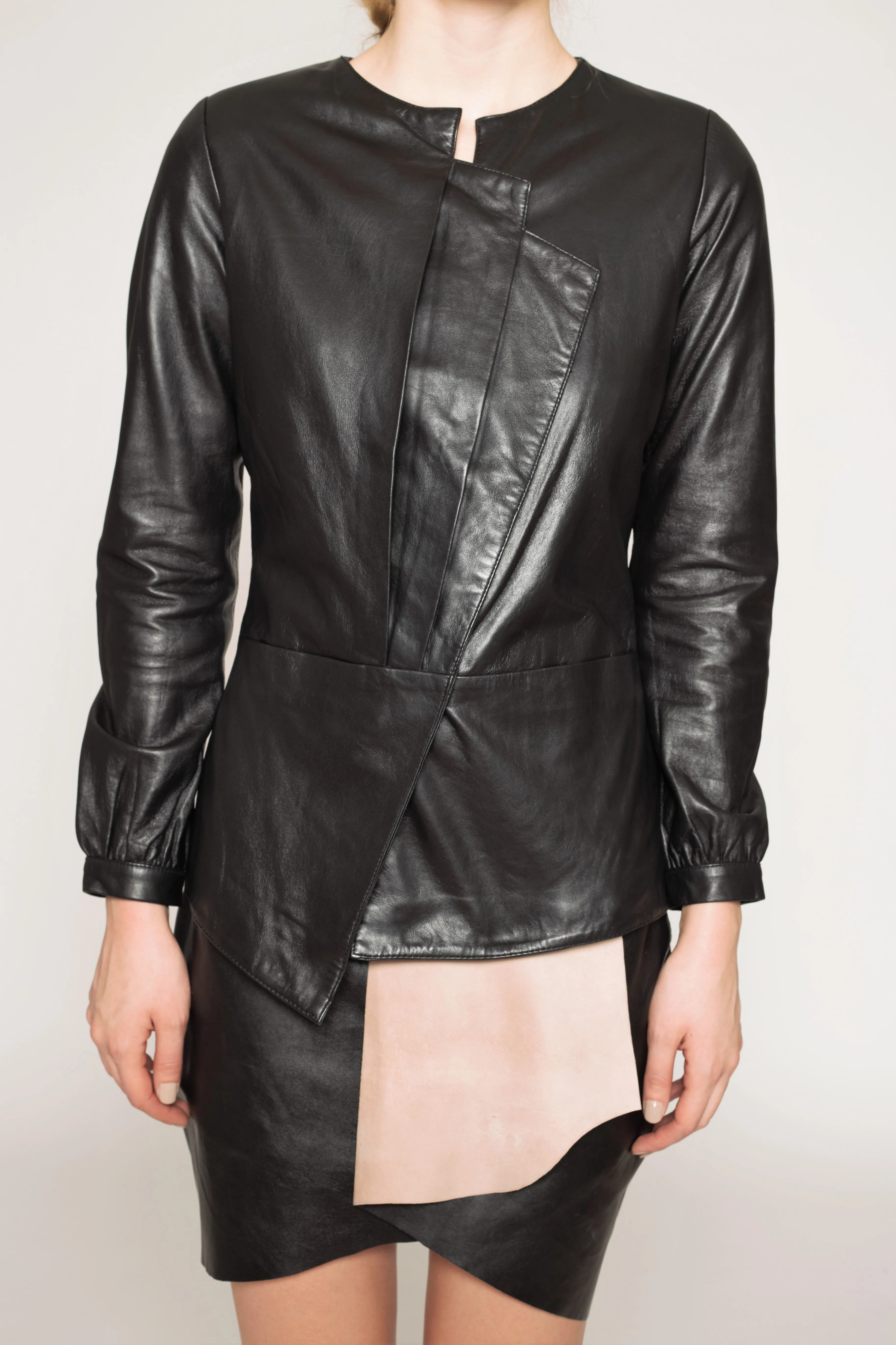 Pleated bust fitted waist leather Jacket