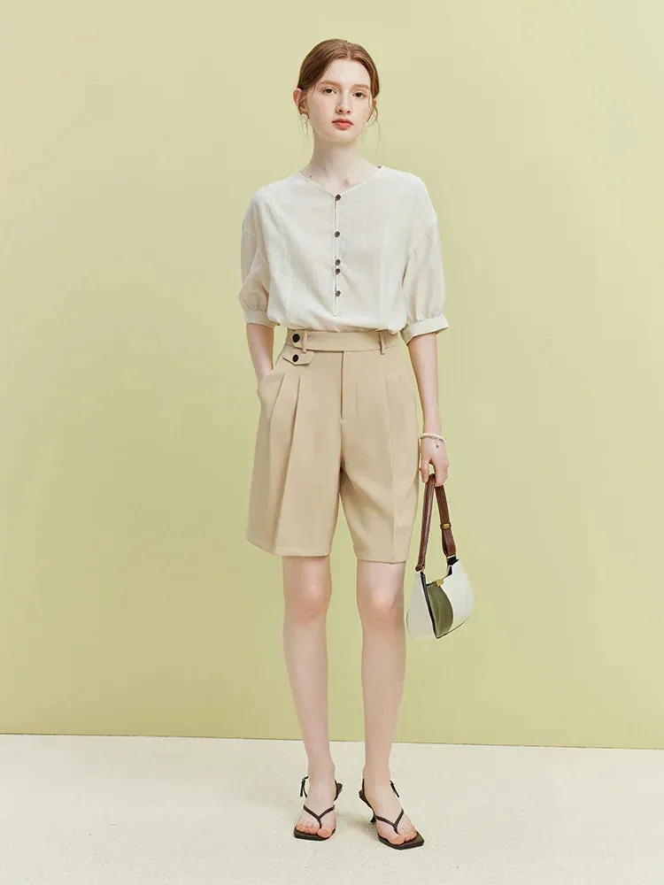 Pleated High Waist Suit Short for Office Lady