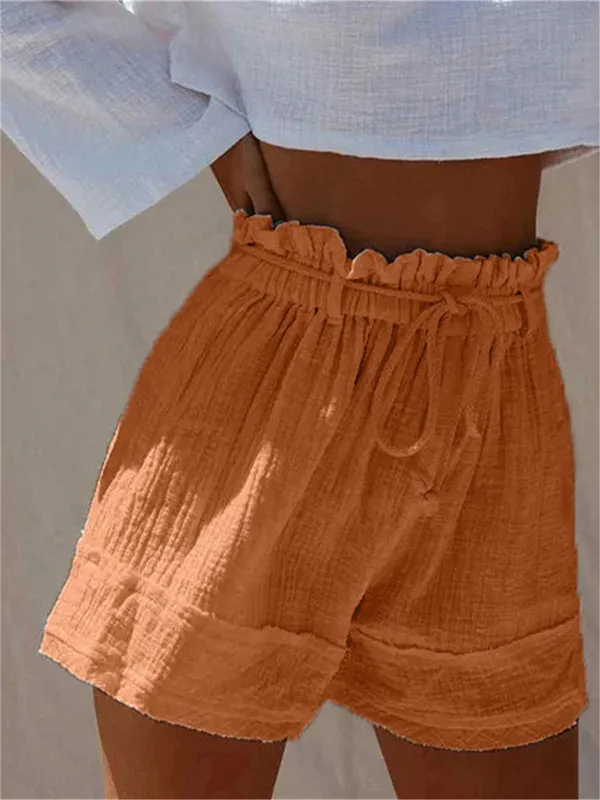 Solid Loose Pleated Elastic Waist High Waist Cotton Linen Shorts Hot Pants