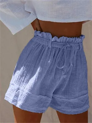 Solid Loose Pleated Elastic Waist High Waist Cotton Linen Shorts Hot Pants