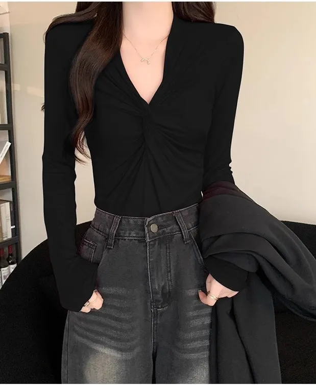 SS Sexy Black Pleated V-Neck Shirt Blouse Long Sleeve Tshirt -BB543