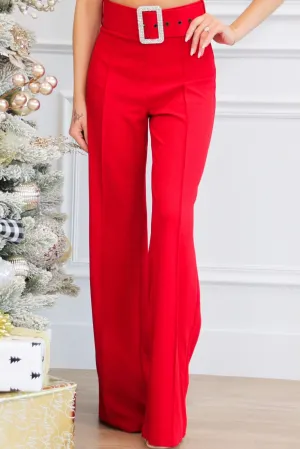 Touch of Sparkle High Waisted Embellished Belt Pants: Red