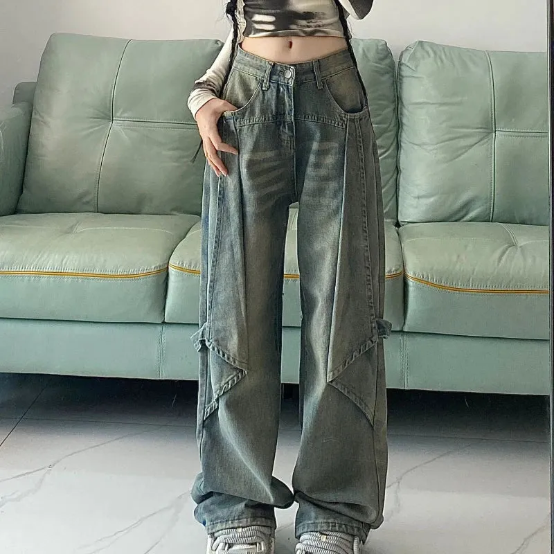 Vintage High Waist Blue Spliced Wide Leg Jeans