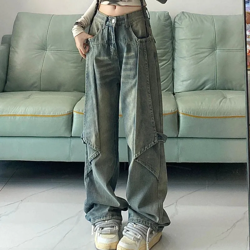 Vintage High Waist Blue Spliced Wide Leg Jeans