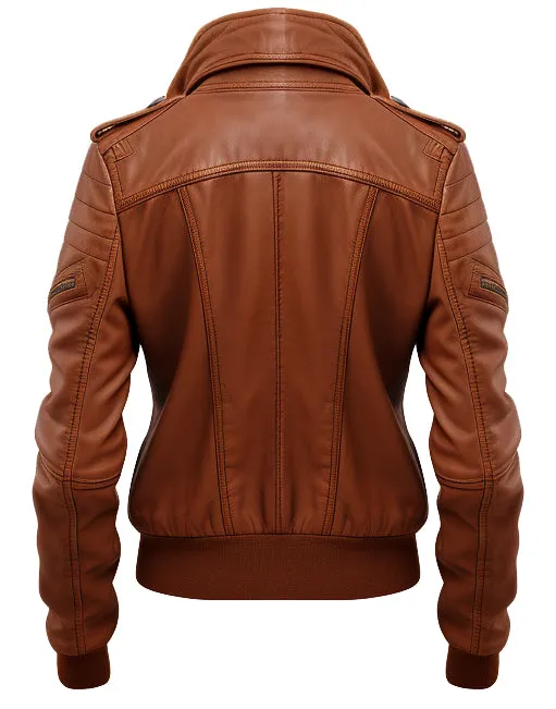 Women Leather Jacket Tan Bomber Style