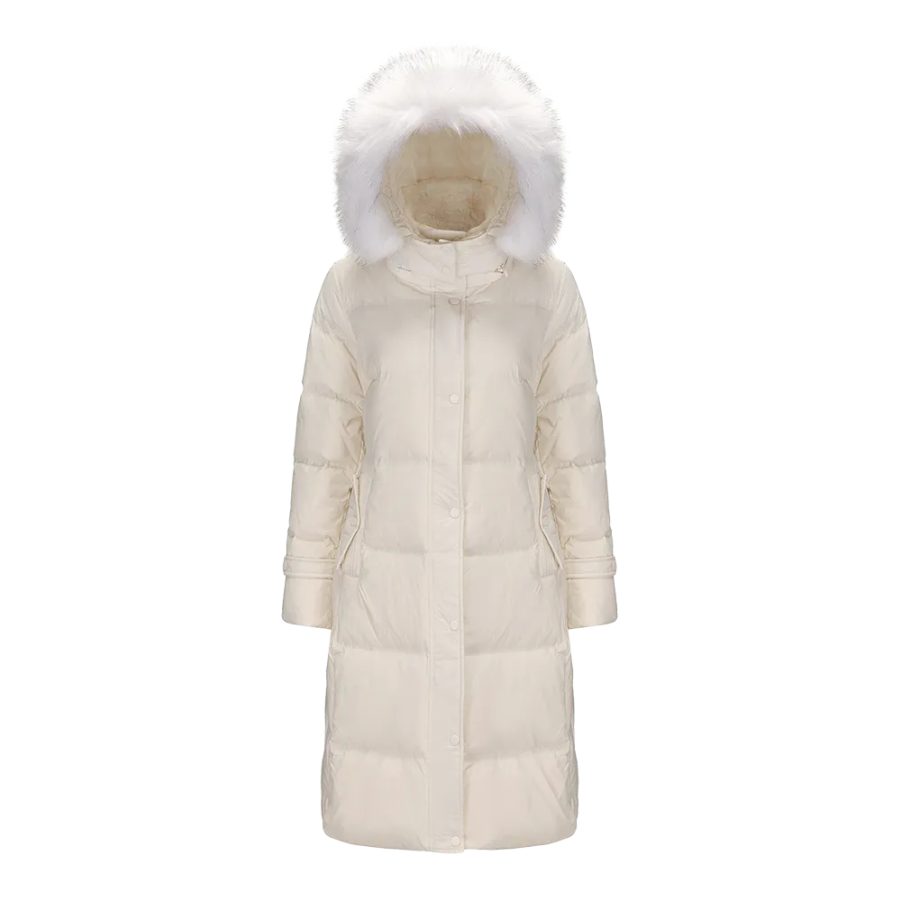 Women's Full Length Down Jacket With Faux Fur Hood